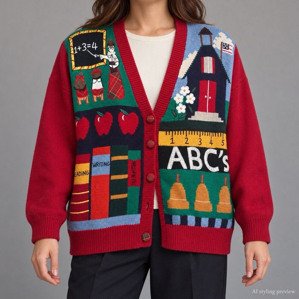 (M) VTG 90s P Galli Novelty Knit School Teacher Gift ABC Grannycore Red Cardigan